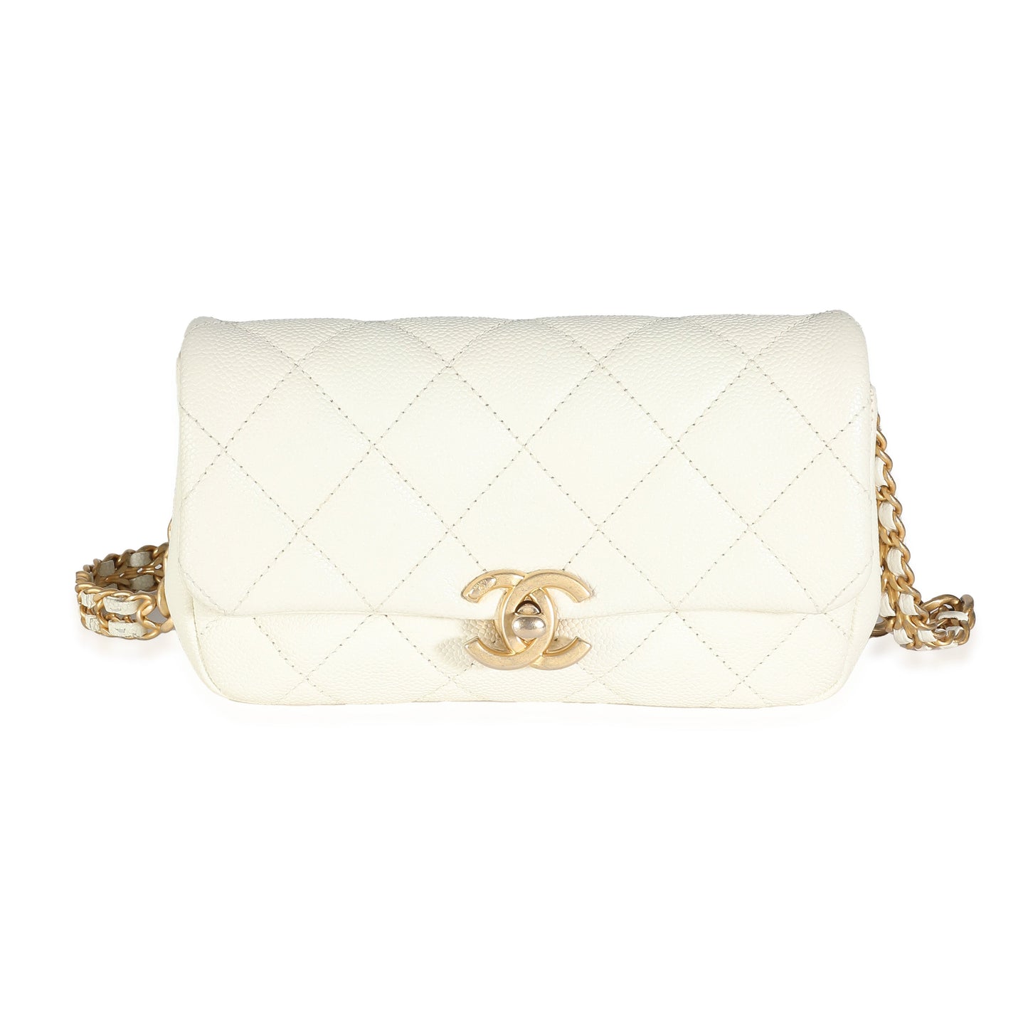 White Quilted Caviar Chain Melody Waist Belt Bag