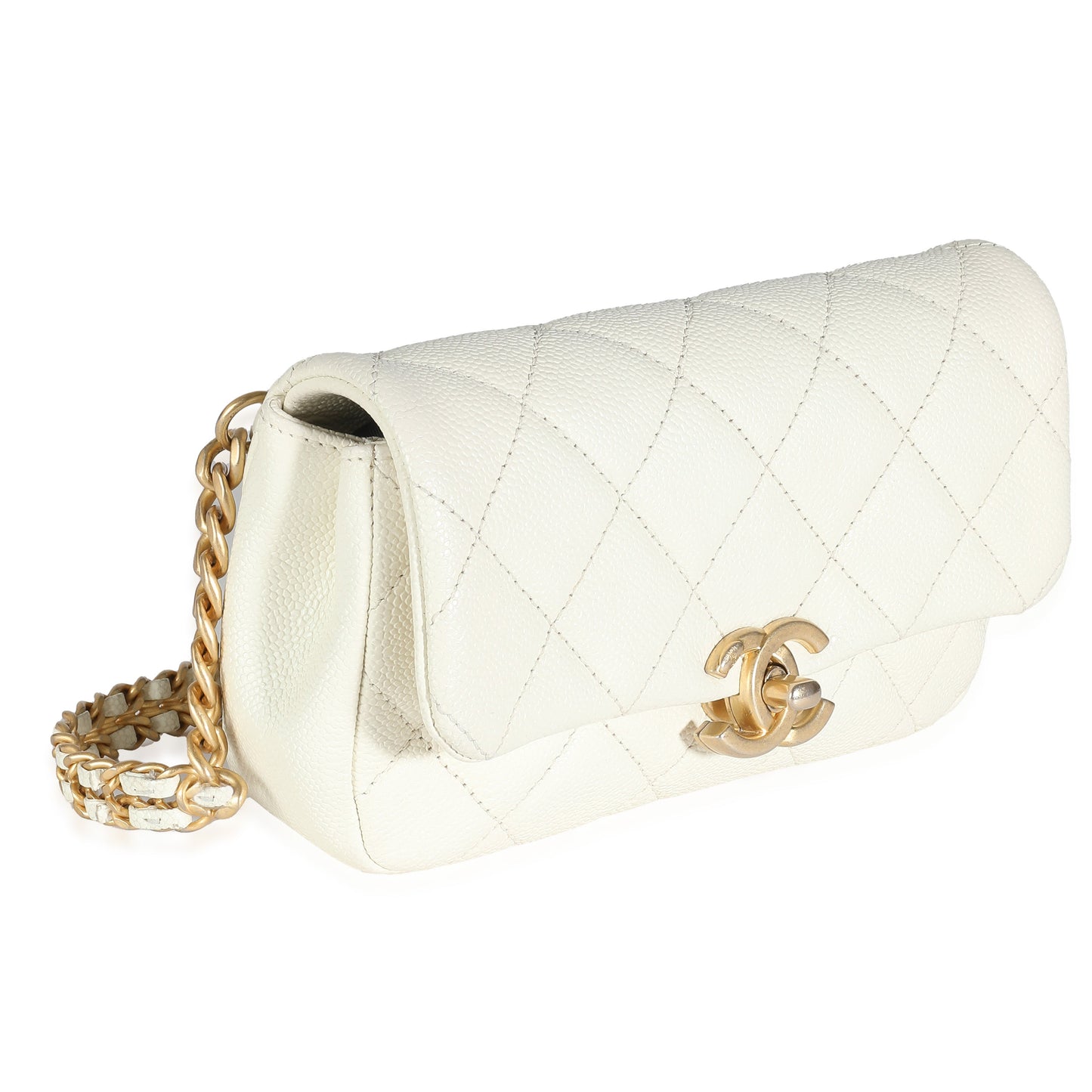 White Quilted Caviar Chain Melody Waist Belt Bag