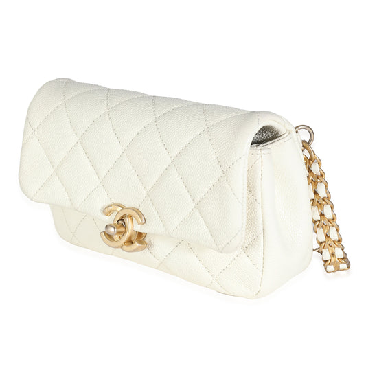 White Quilted Caviar Chain Melody Waist Belt Bag