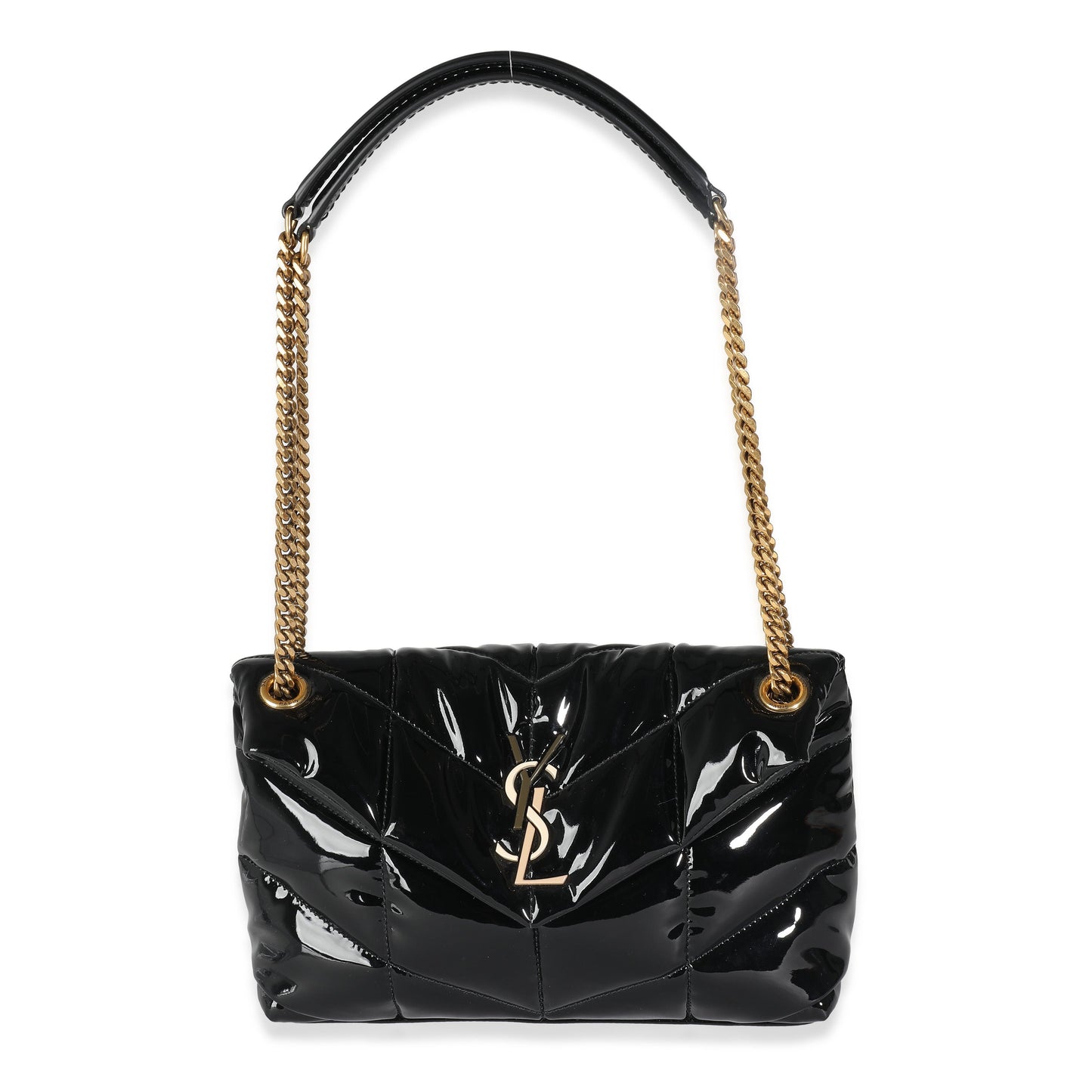 Black Quilted Patent Small Lou Puffer Chain Bag