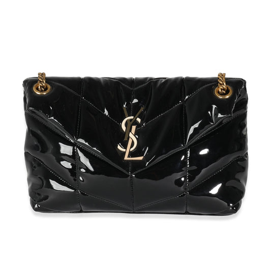 Black Quilted Patent Small Lou Puffer Chain Bag