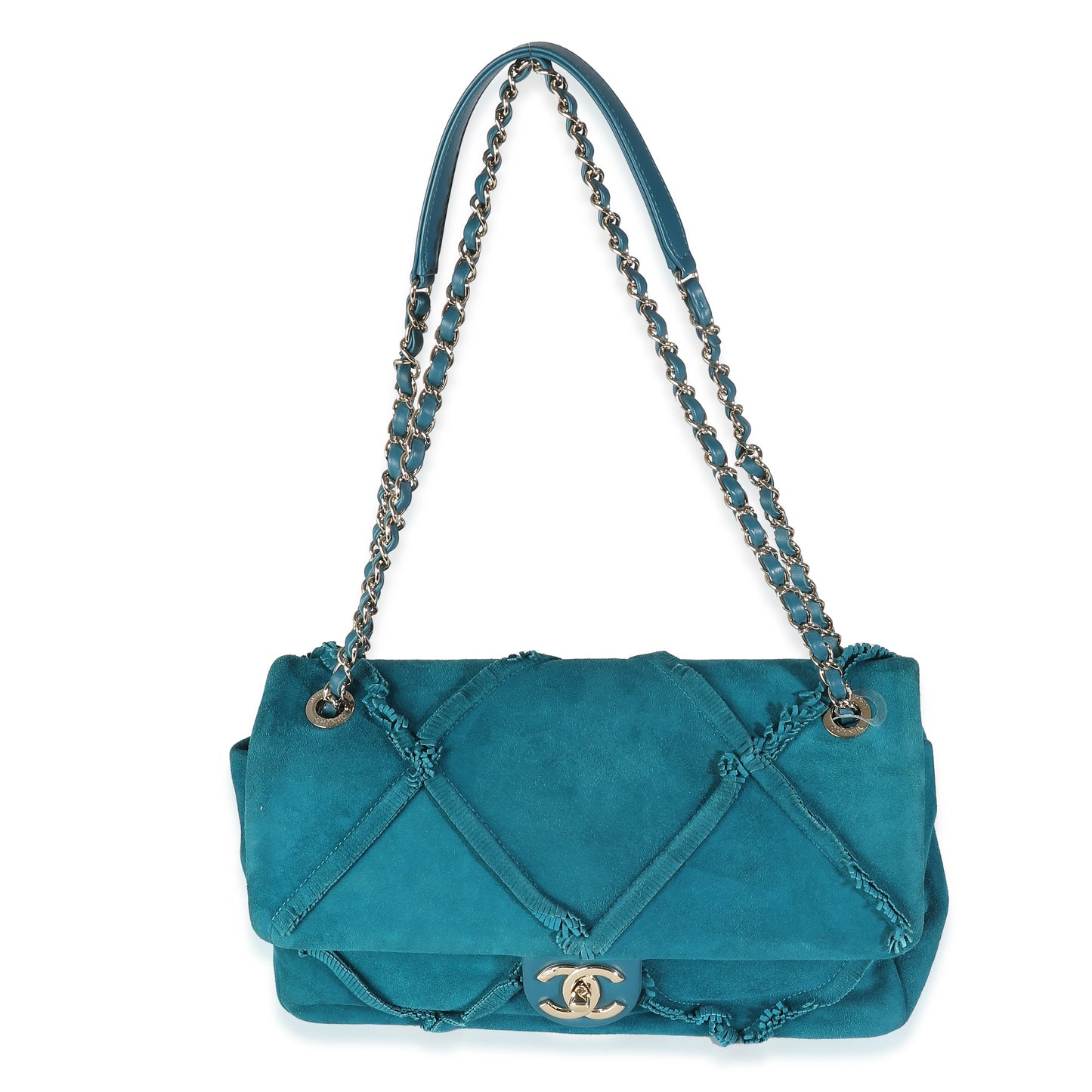 Teal Suede Goatskin Diamond Fringe Medium Flap Bag