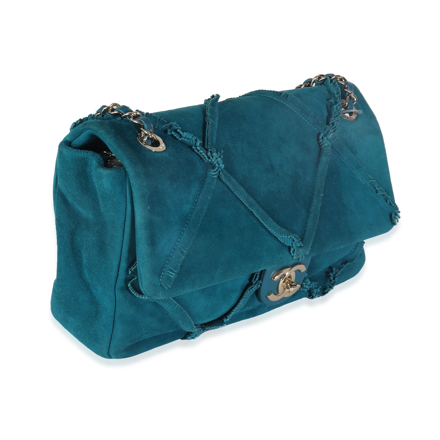 Teal Suede Goatskin Diamond Fringe Medium Flap Bag