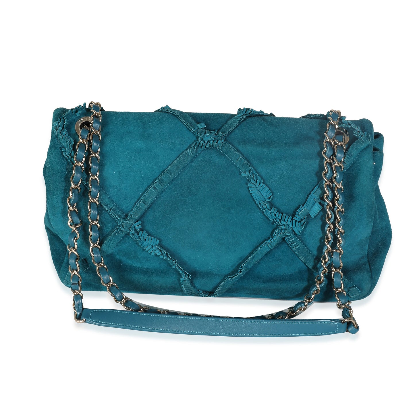 Teal Suede Goatskin Diamond Fringe Medium Flap Bag