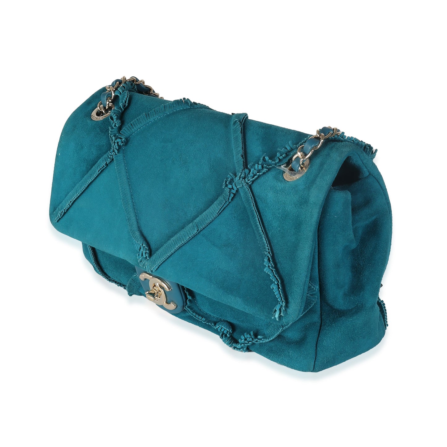 Teal Suede Goatskin Diamond Fringe Medium Flap Bag