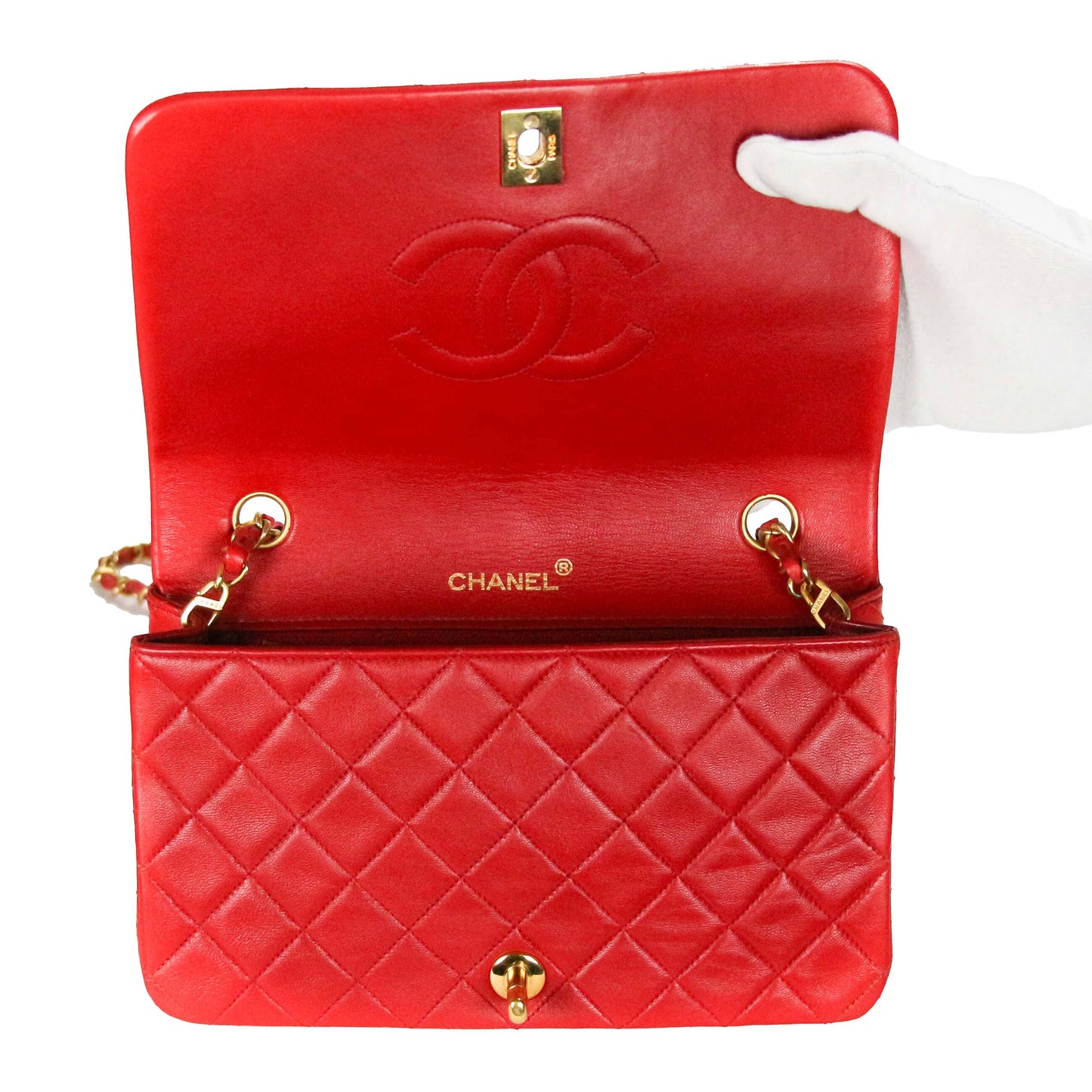 Chanel Full Flap Bag Small Red Lambskin Gold