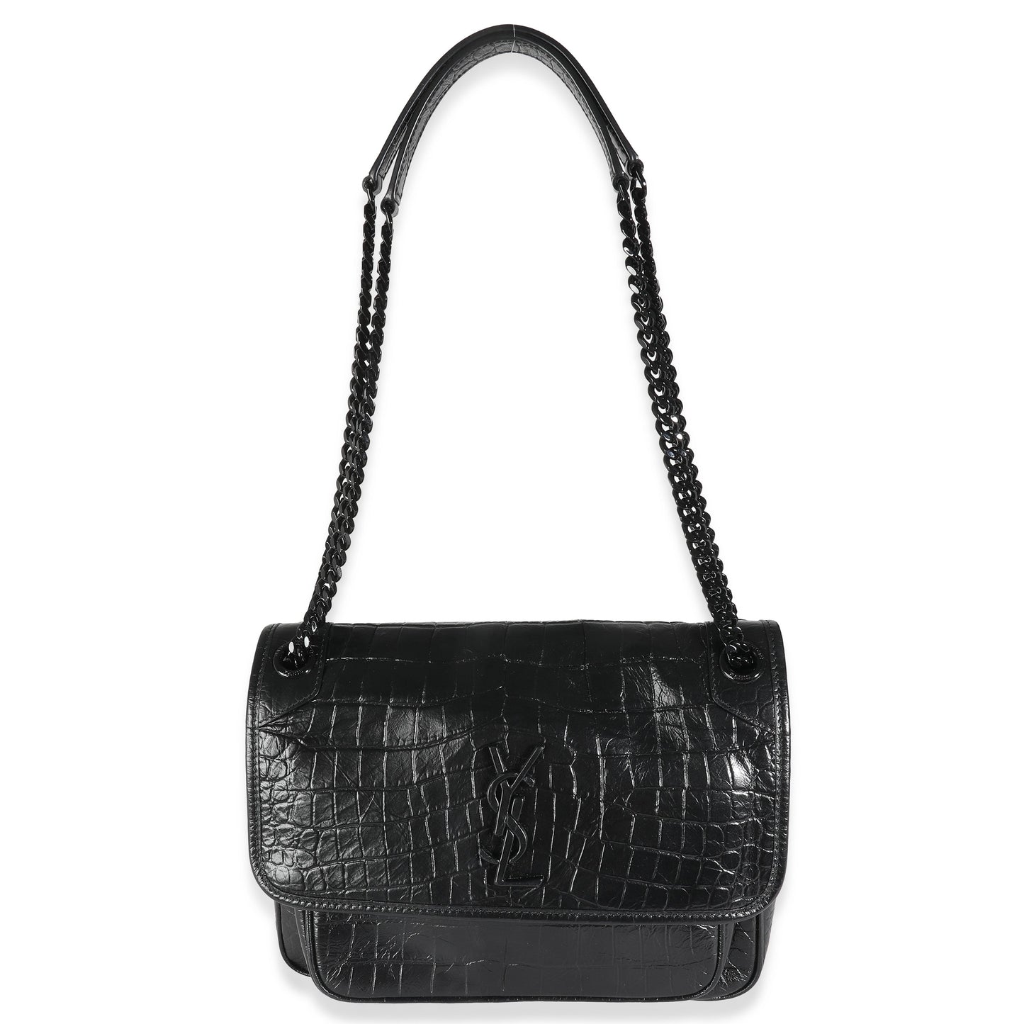 Black Crinkled Calfskin Croc Embossed Medium Niki Chain Satchel