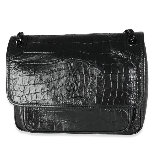 Black Crinkled Calfskin Croc Embossed Medium Niki Chain Satchel