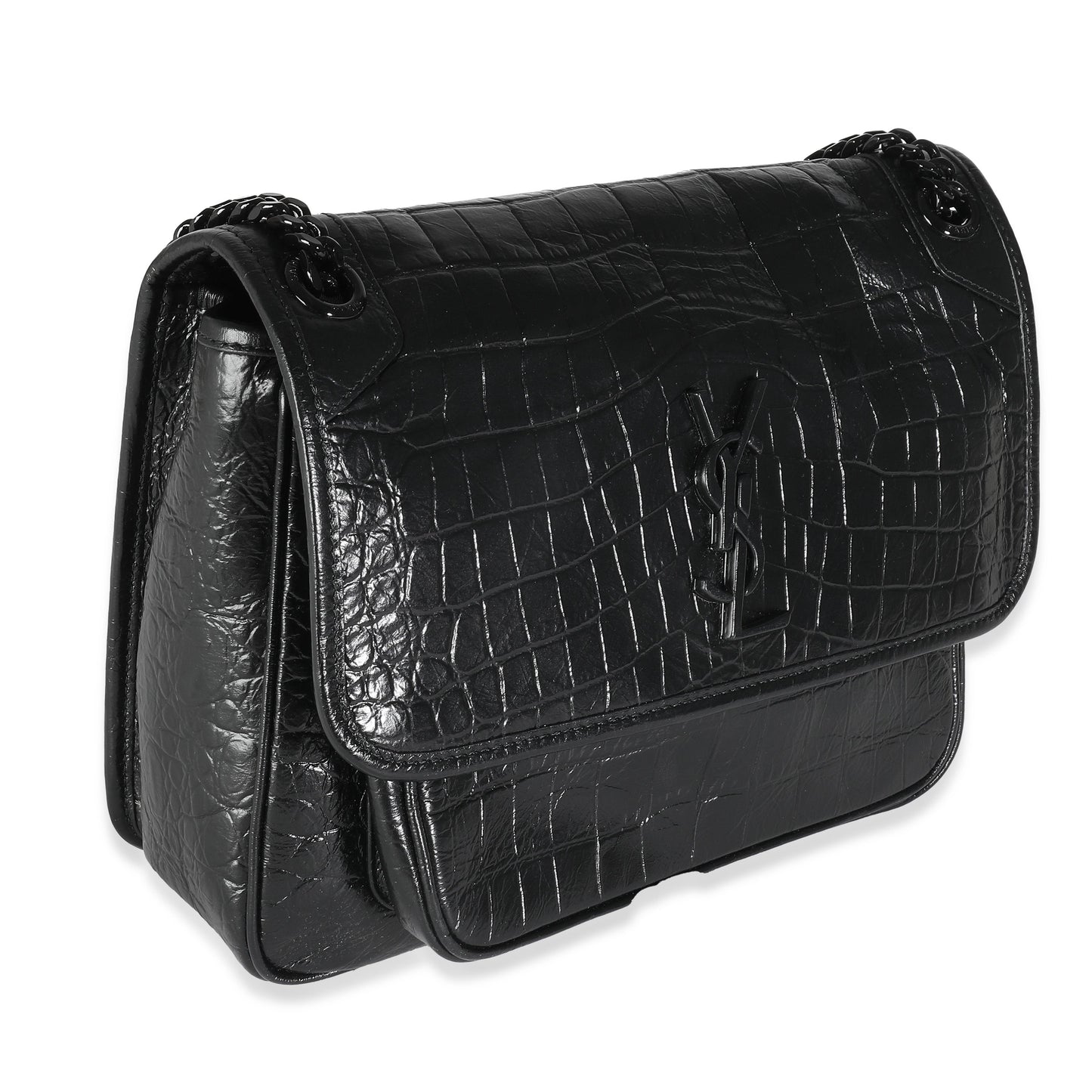 Black Crinkled Calfskin Croc Embossed Medium Niki Chain Satchel