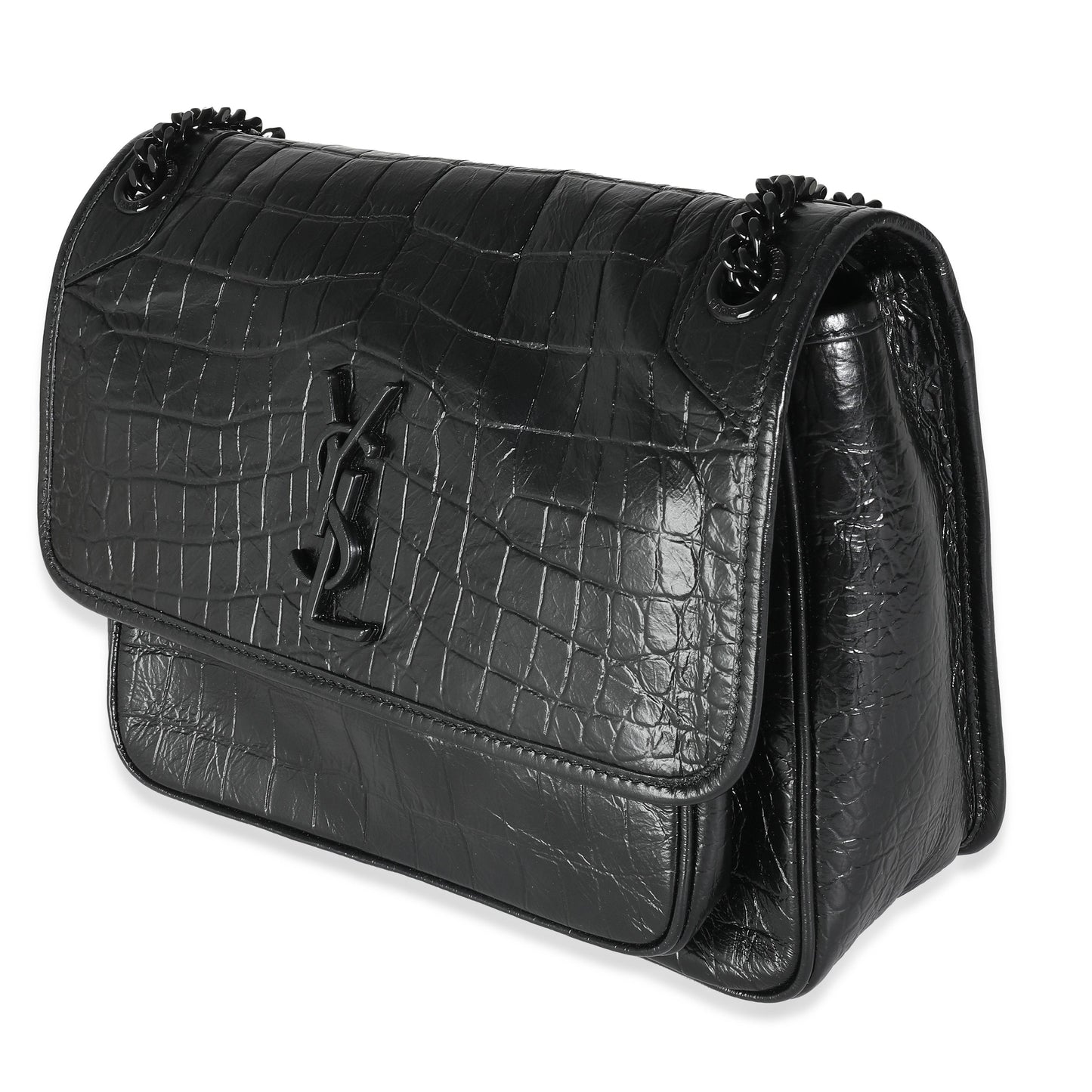 Black Crinkled Calfskin Croc Embossed Medium Niki Chain Satchel