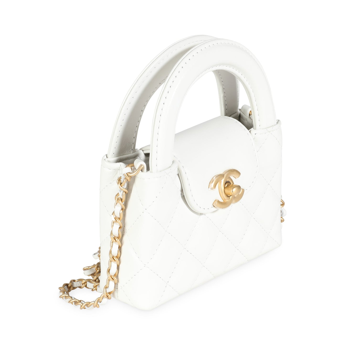 White Shiny Aged Quilted Calfskin Mini Nano Kelly Shopper