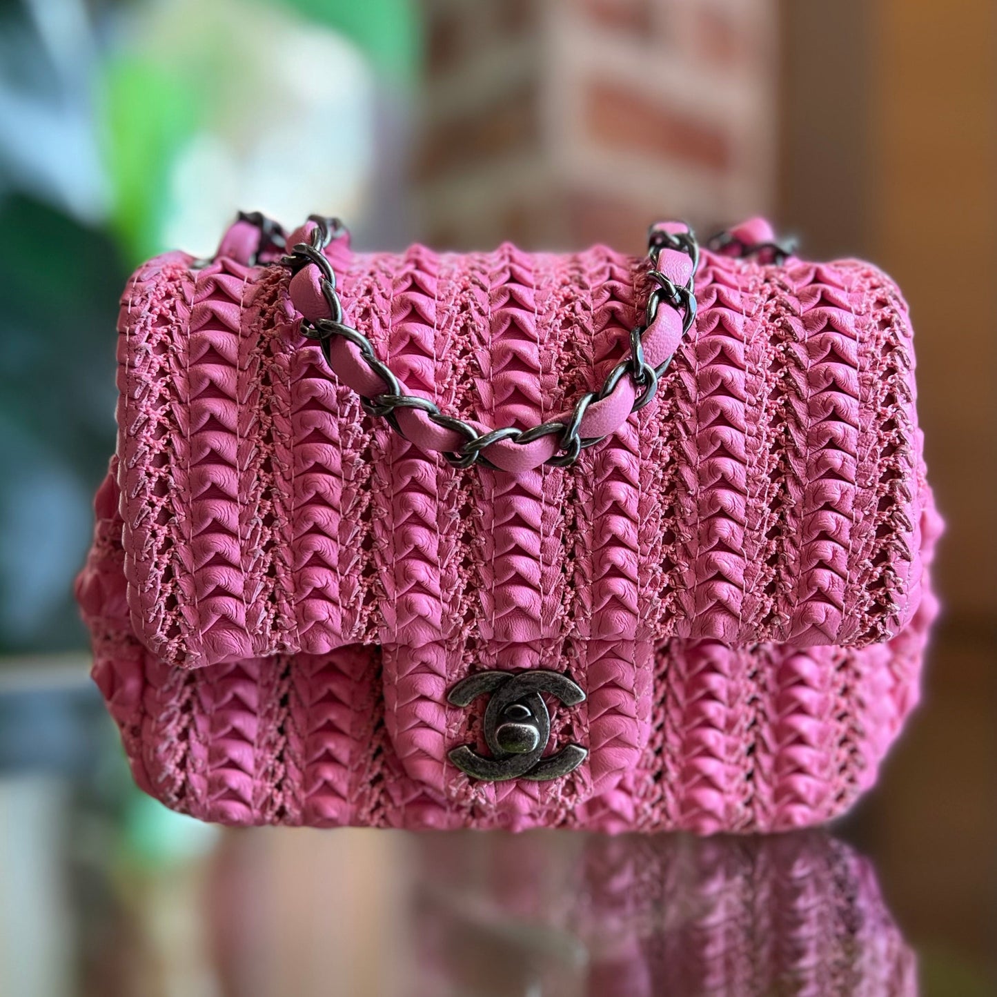 CHANEL Flap Mini Pink Lambskin Crochet Embroidered Shoulder Bag