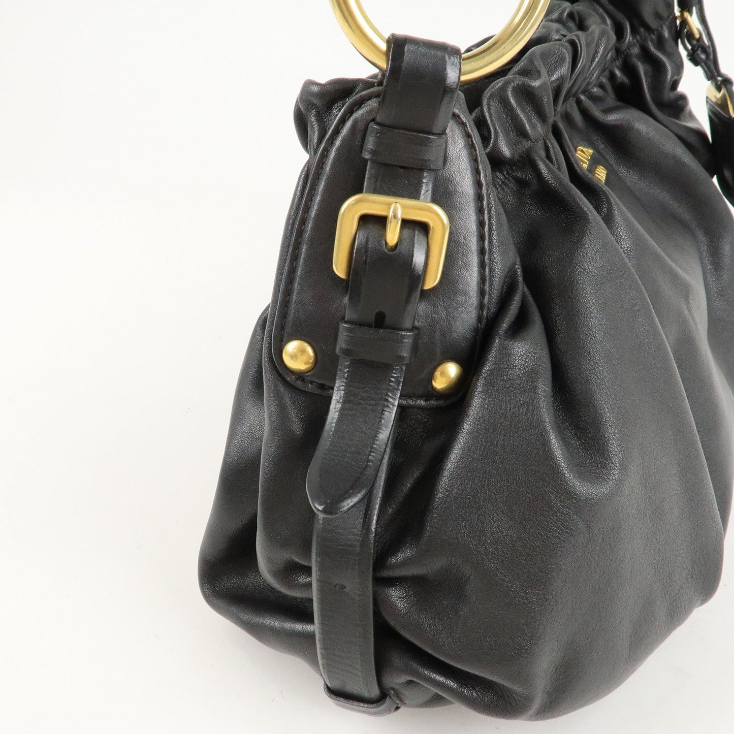 PRADA Leather Shoulder Bag Hand Bag Black Gold Hardware