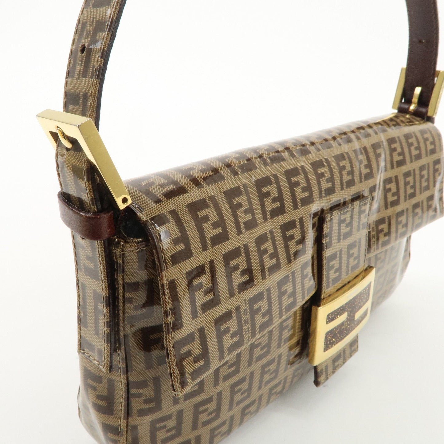 FENDI Zucchino Mamma Baguette PVC Shoulder Bag Brown 26424