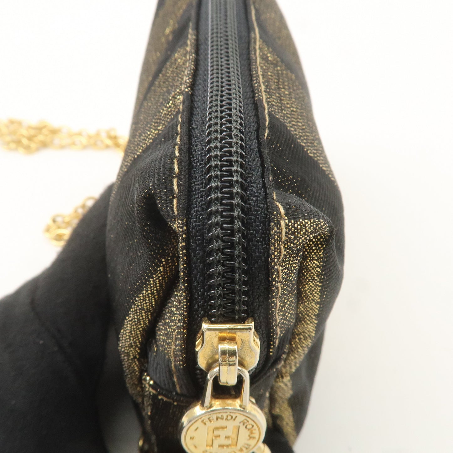 FENDI Pequin Canvas Chain Shoulder Bag Crossbody Bag Gold Black