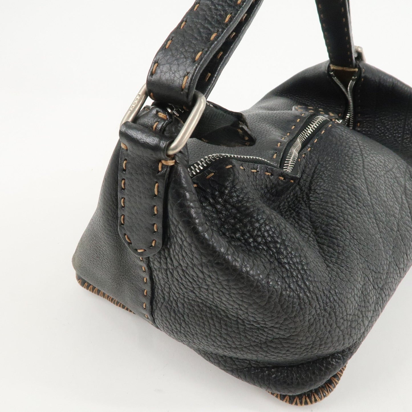 FENDI Selleria Leather Shoulder Bag Black Silver Hardware