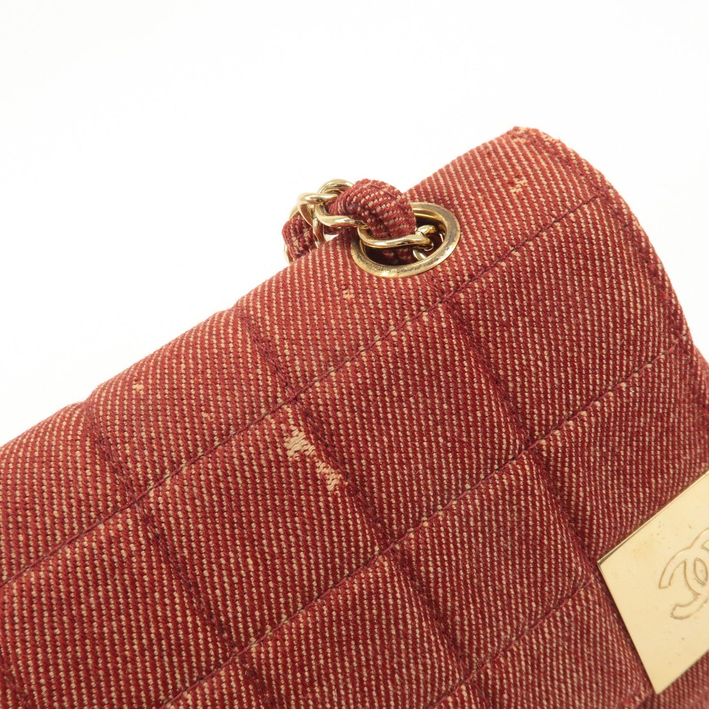 CHANEL Chocolate Bar Canvas Chain Shoulder Bag Red Gold