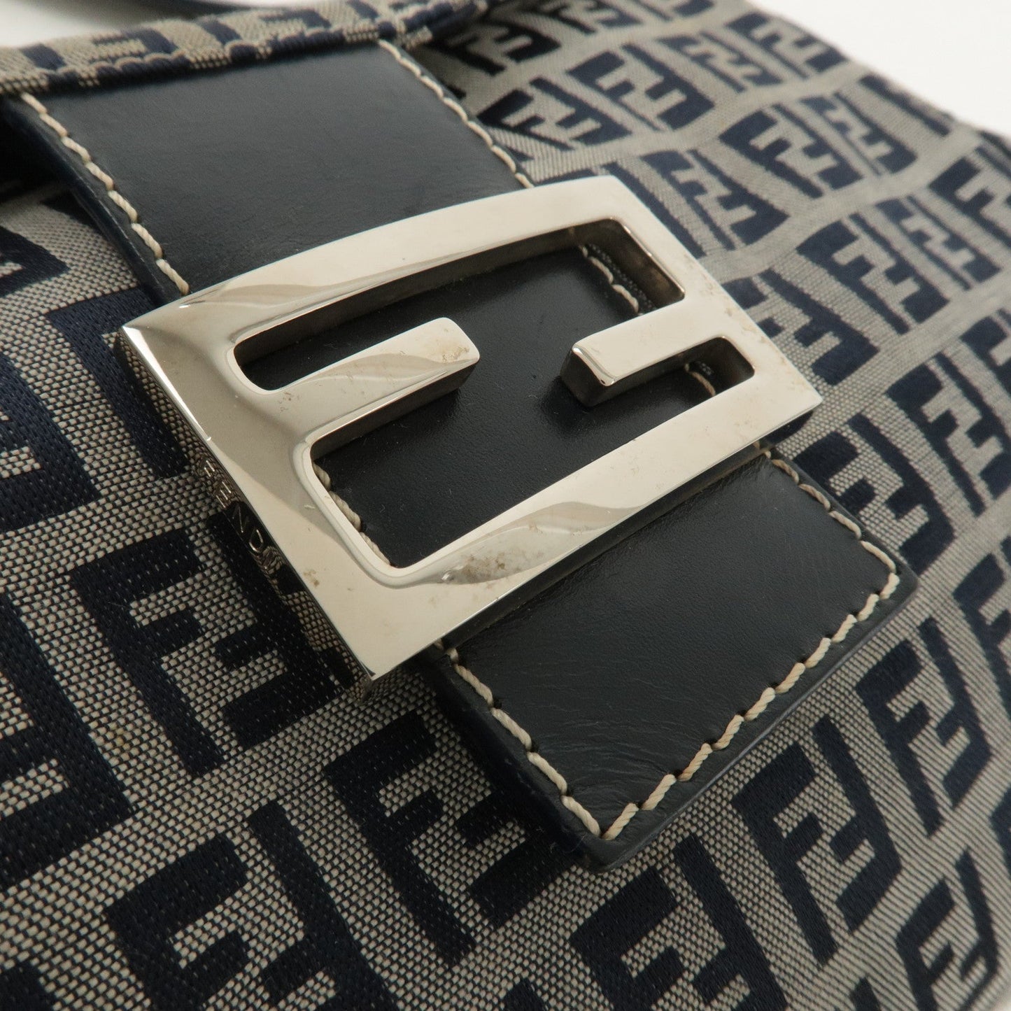 FENDI Zucchino Canvas Leather Shoulder Bag Gray Blue 26426