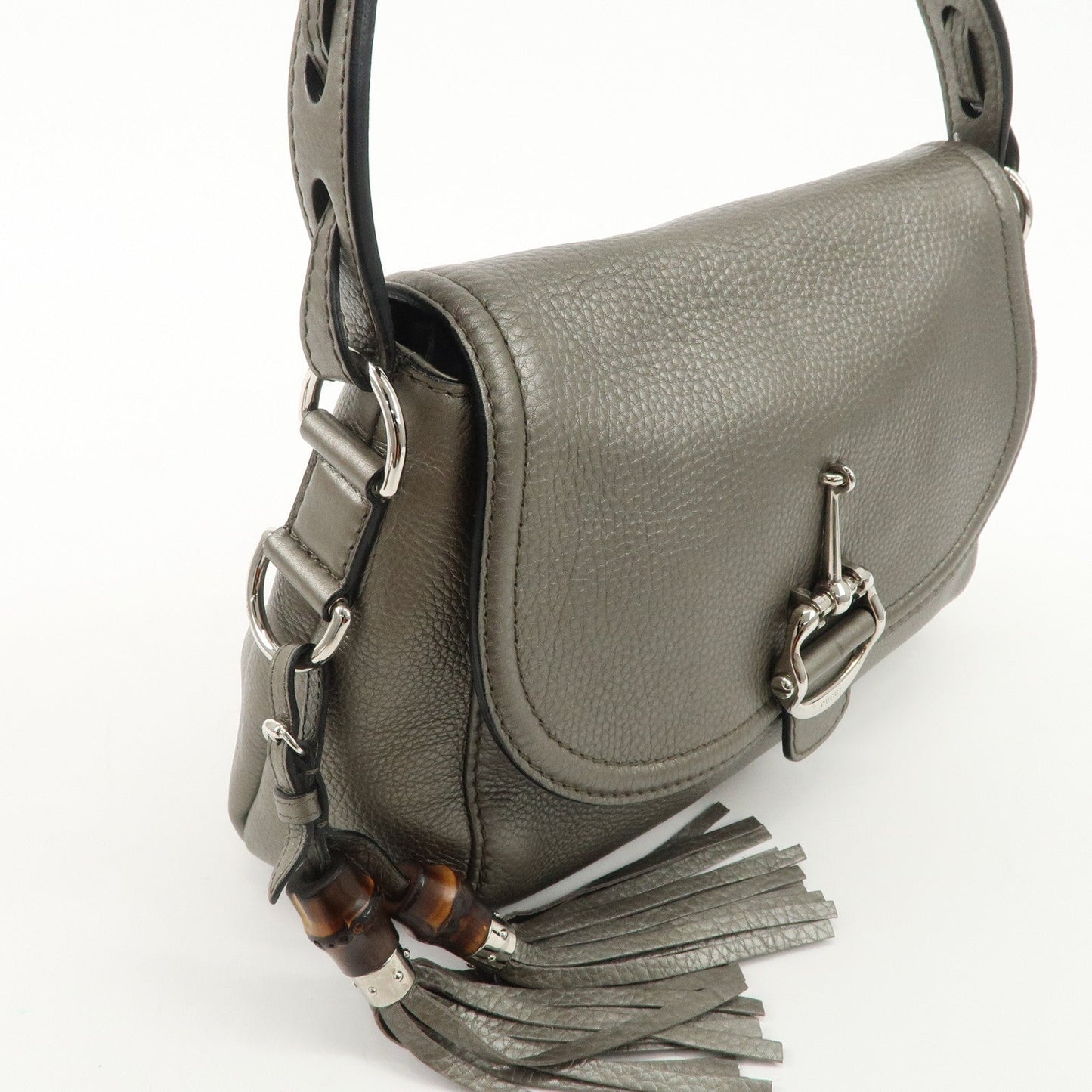 GUCCI Bamboo Horsebit Leather Shoulder Bag Gray 240266