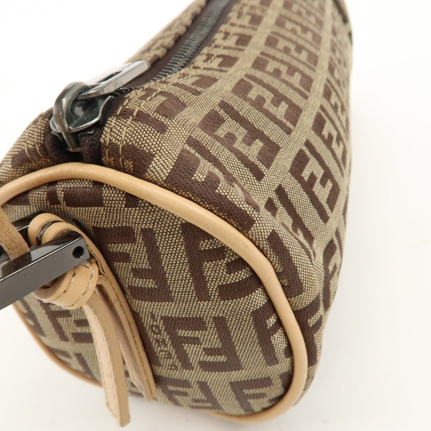 FENDI Zucchino Canvas Leather Pouch Hand Bag Beige Brown 7N0036