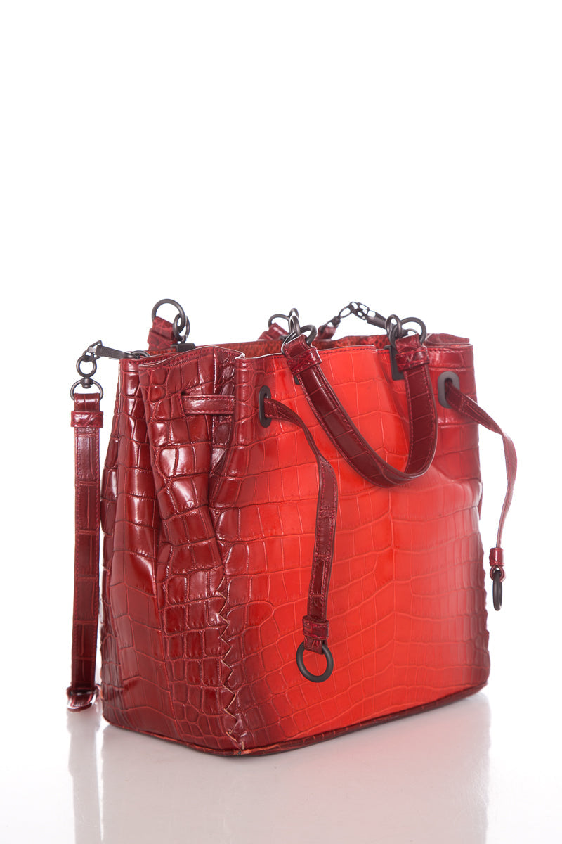 Bottega Veneta Red Vesuvio Croc Bucket Shoulder Bag