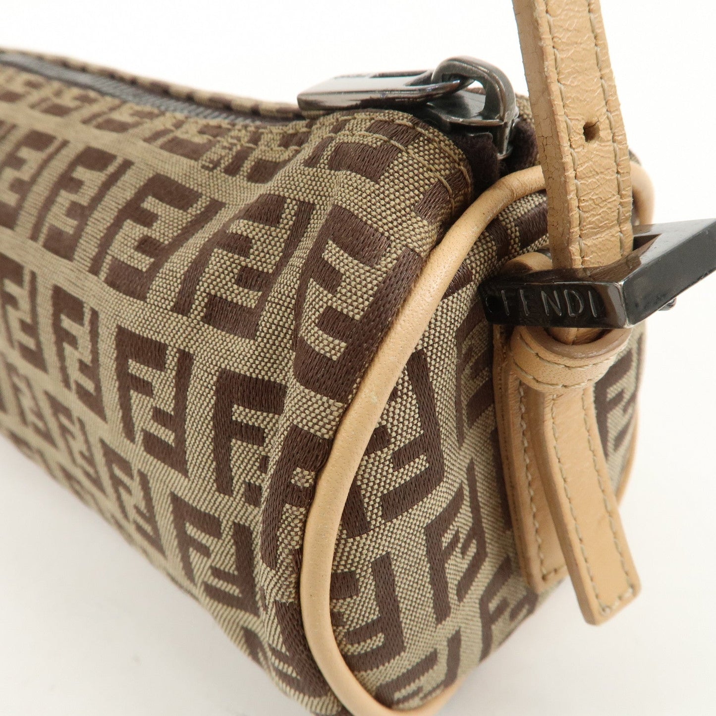 FENDI Zucchino Canvas Leather Pouch Hand Bag Beige Brown 7N0036