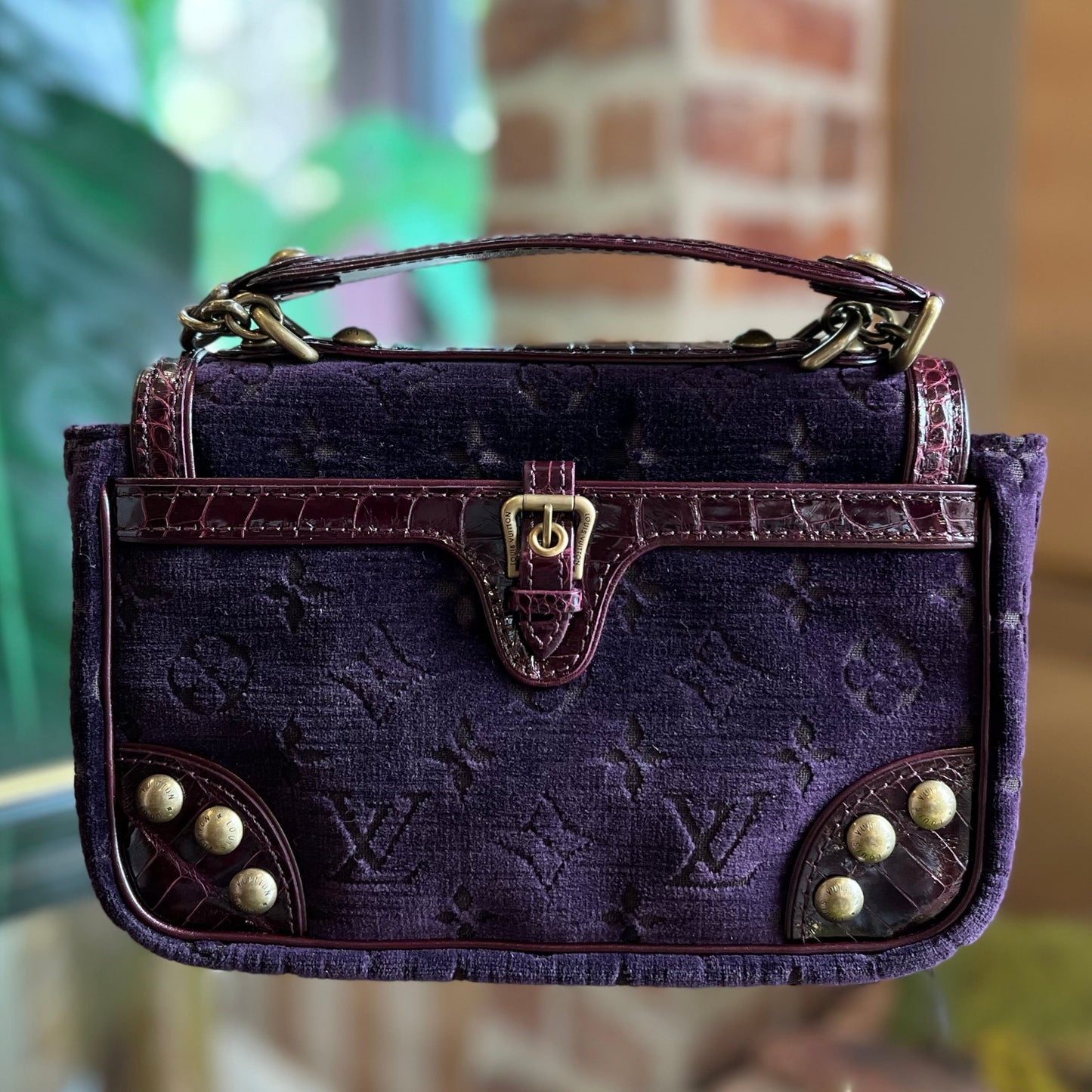 LOUIS VUITTON Plum Monogram Velours Alligator Irvine Bag TS