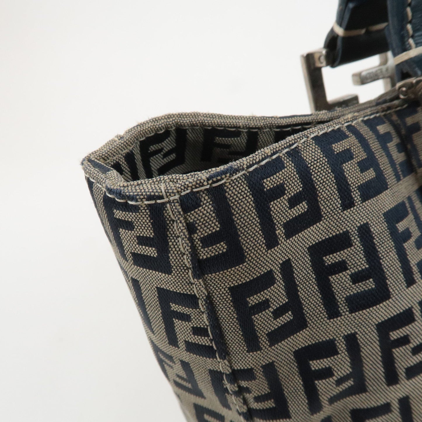 FENDI Zucchino Canvas Leather Tote Bag Hand Bag Navy 26329