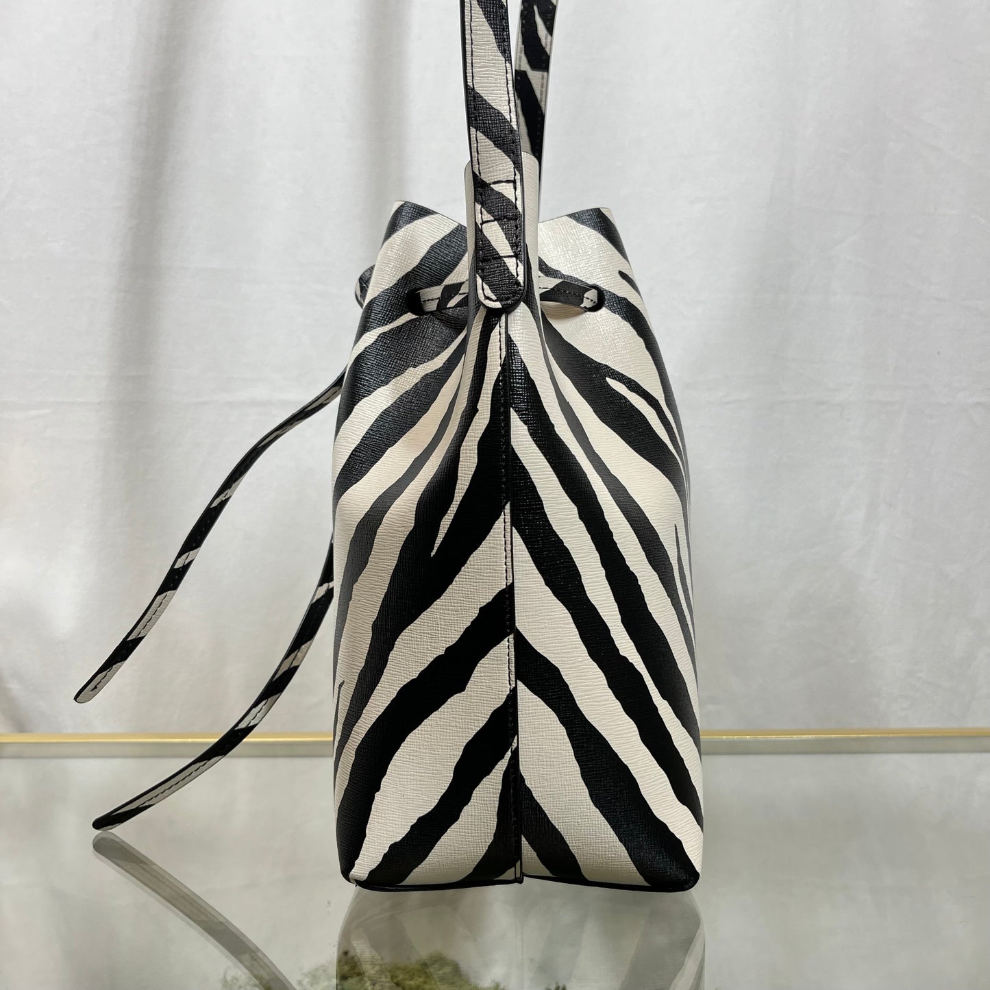 MANSUR GAVRIEL Mini Black White Zebra Print Coated Canvas Bucket Bag