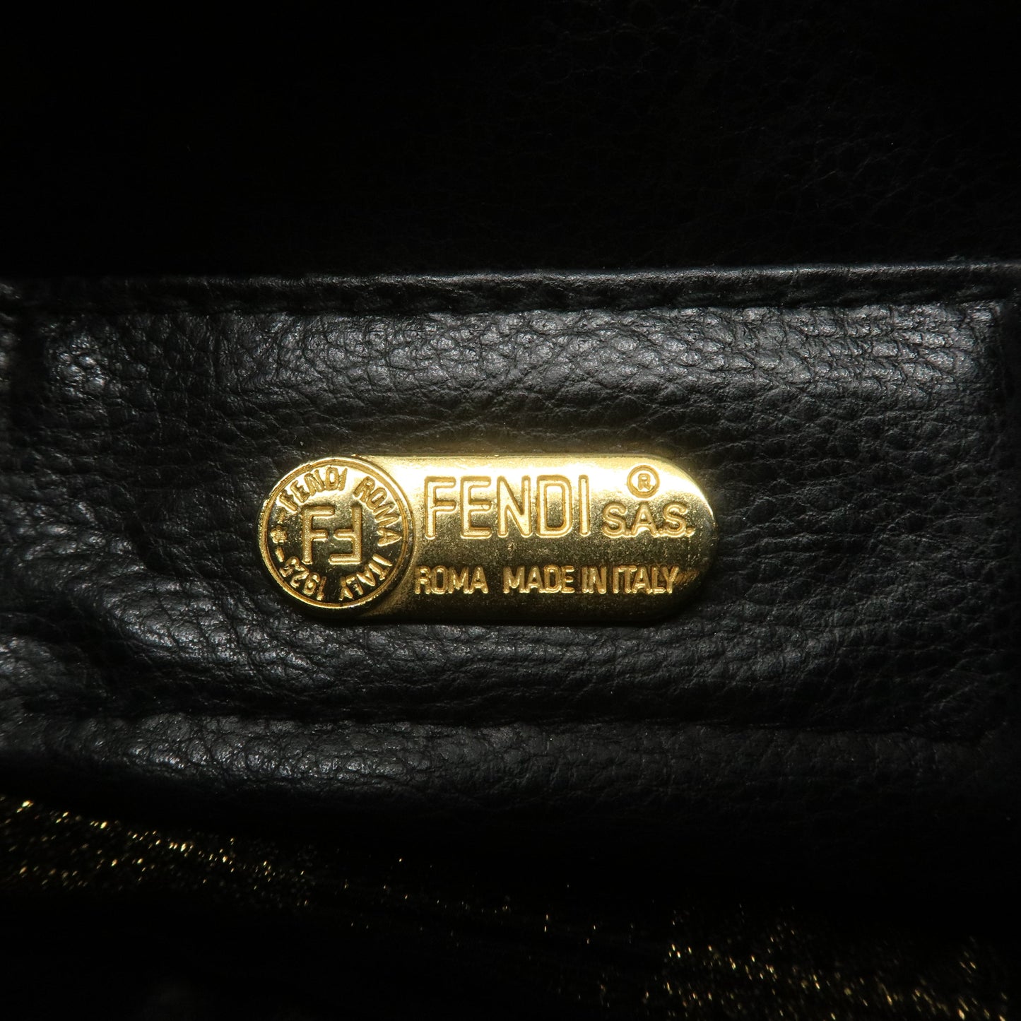 FENDI Pequin Canvas Chain Shoulder Bag Crossbody Bag Gold Black