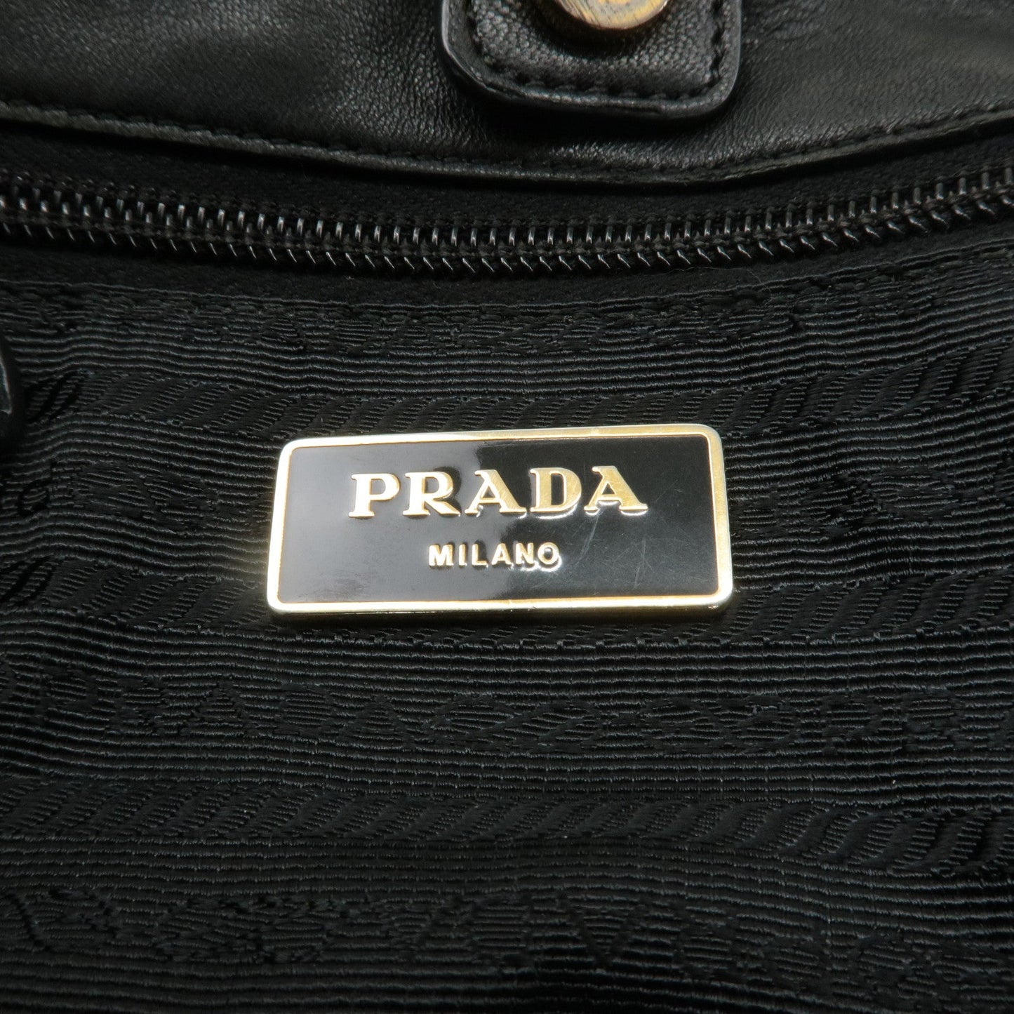 PRADA Logo Nylon Leather Tote Bag Hand Bag Black Gold HDW