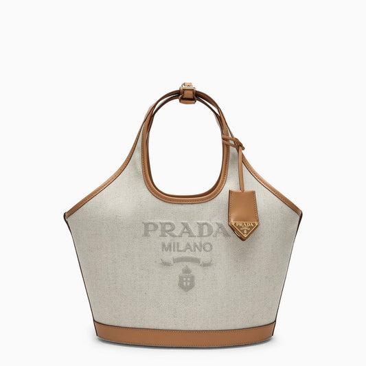 Prada Large Shopping Bag In Linen And Leather Blend With Logo Women