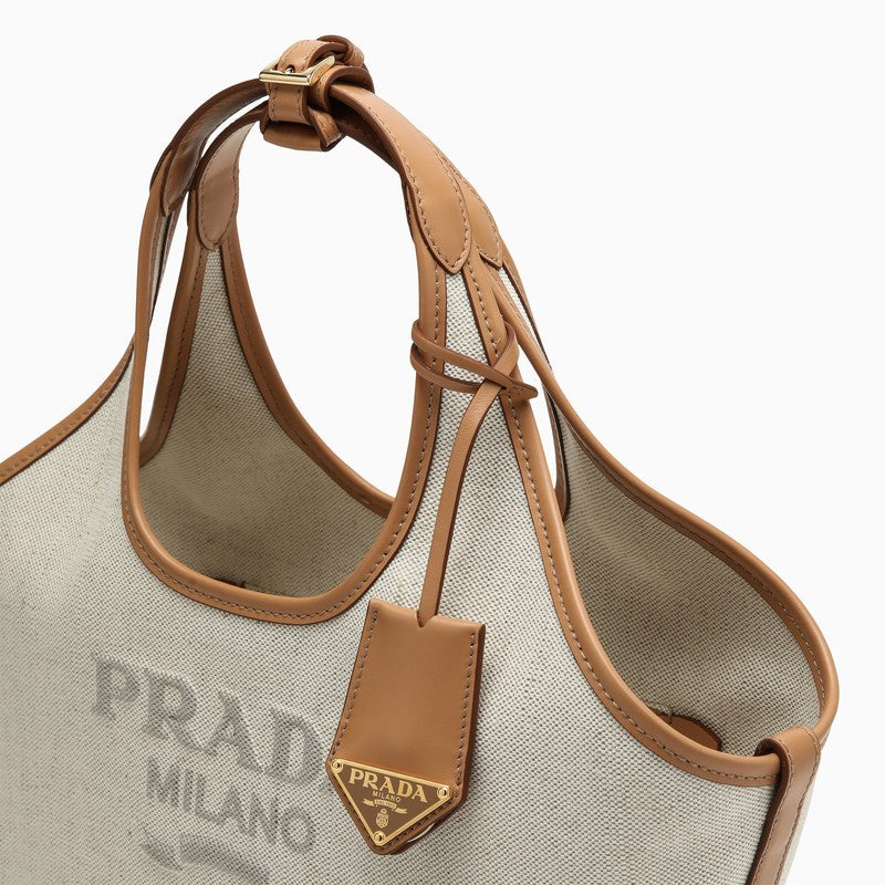 Prada Large Shopping Bag In Linen And Leather Blend With Logo Women