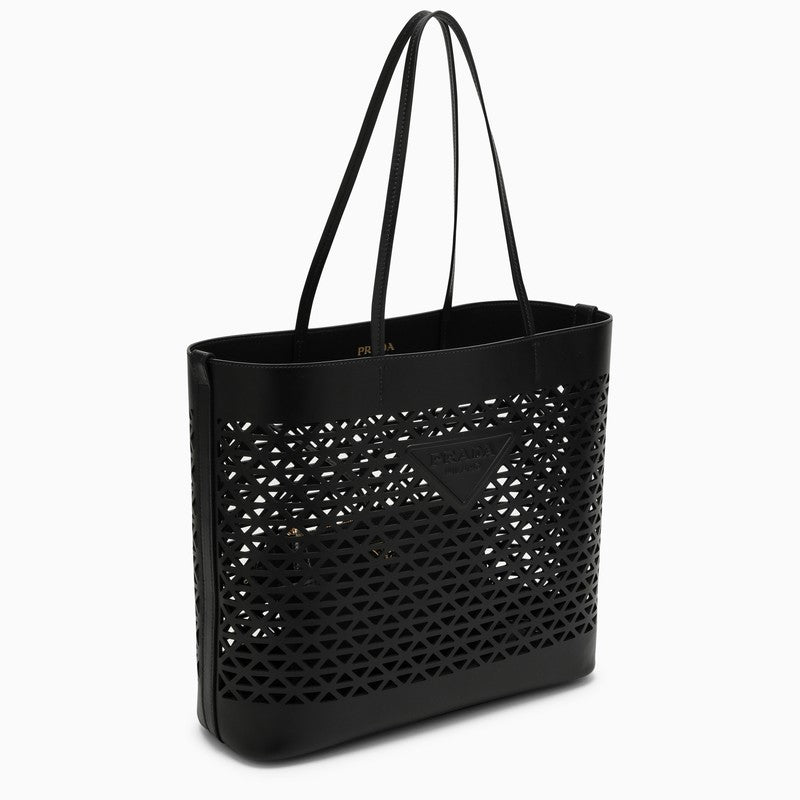 Prada Large Black Perforated Leather Shopping Bag Women