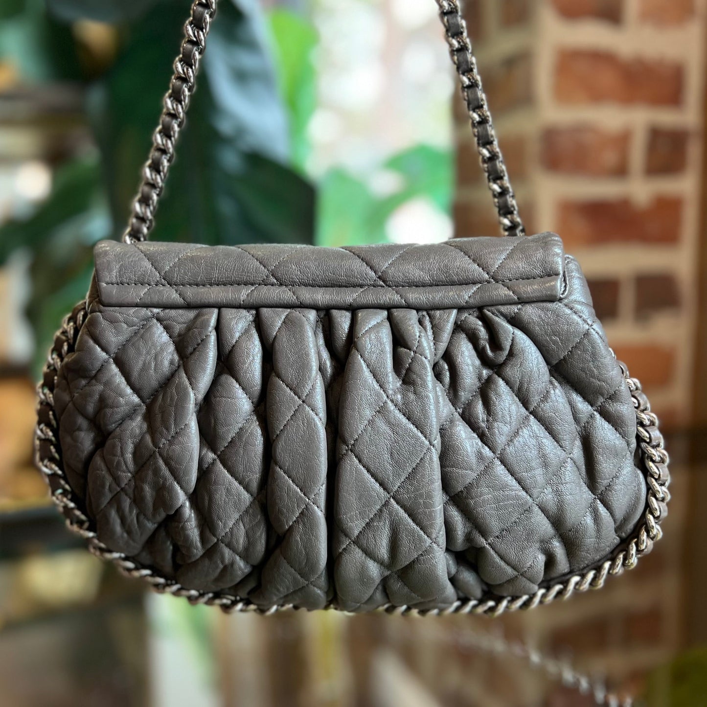 CHANEL Dark Grey Washed Lambskin Quilted Medium Chain Around Messenger ADI1056