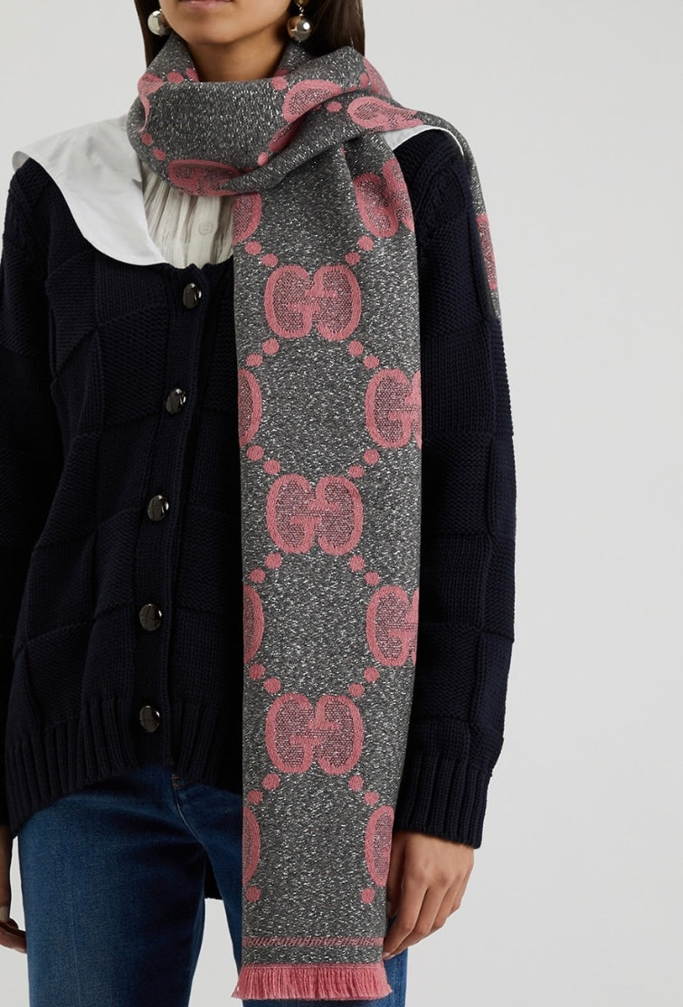 Gucci Grey Pink GG Wool Jacquard Scarf (RRP £365)