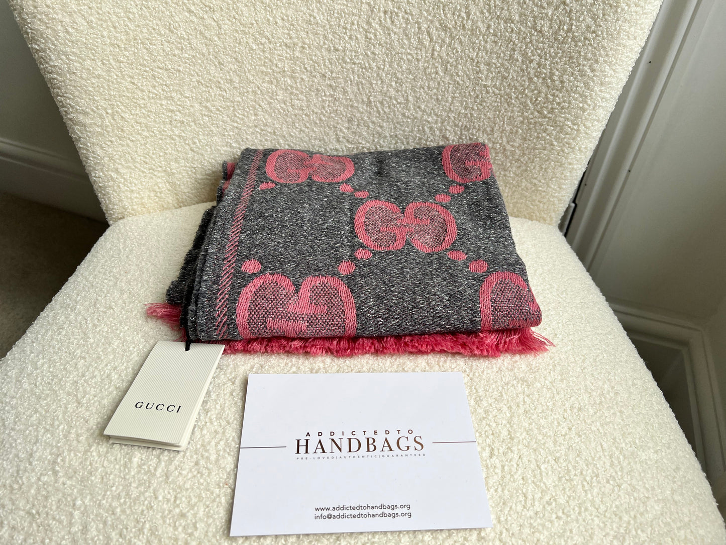 Gucci Grey Pink GG Wool Jacquard Scarf (RRP £365)