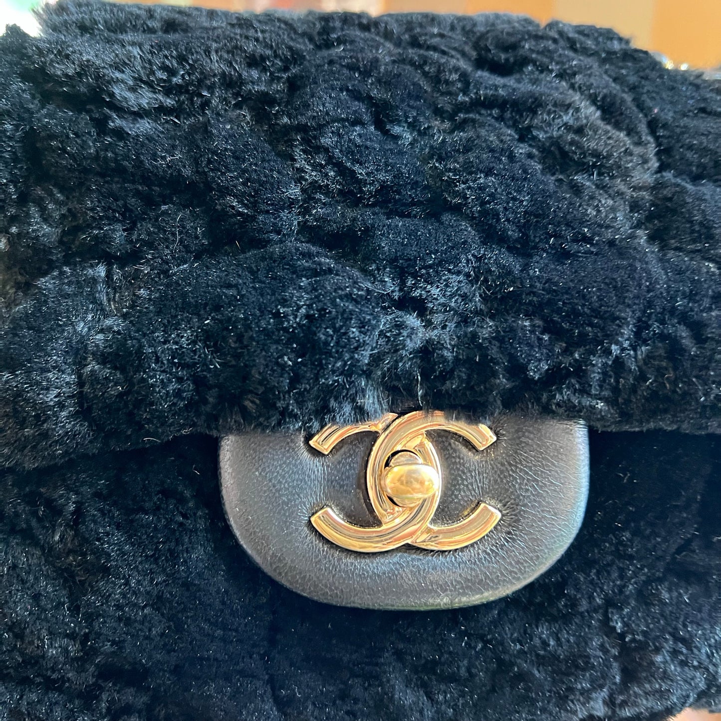 CHANEL Flap Black Rabbit Fur Shoulder Bag