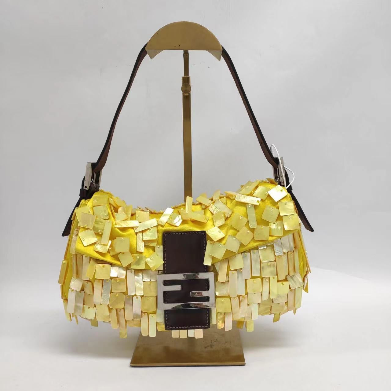 Fendi Baguette Yellow Silk With Mother Of Pearl Sequins Extremely Rare