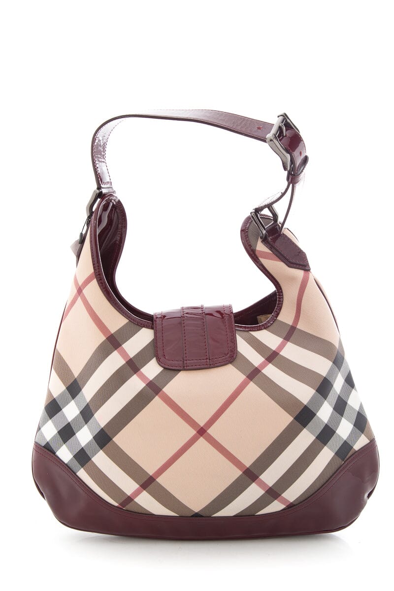 Burberry Burgundy Patent Leather Trim Plaid Handbag