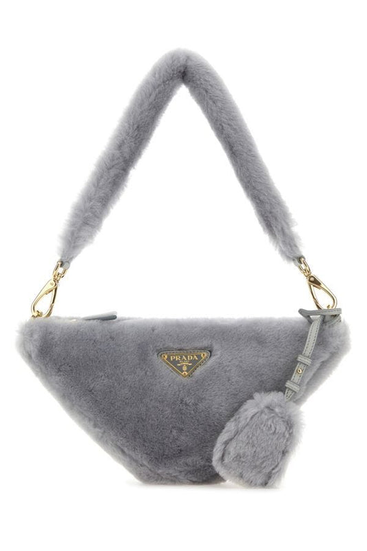 Prada Woman Grey Shearling Triangle Handbag