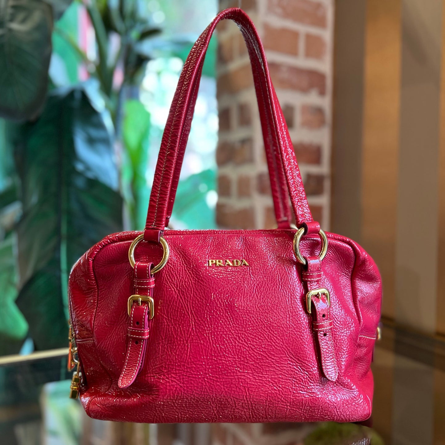 PRADA Fuschia Crinkled Patent Leather Satchel Bag