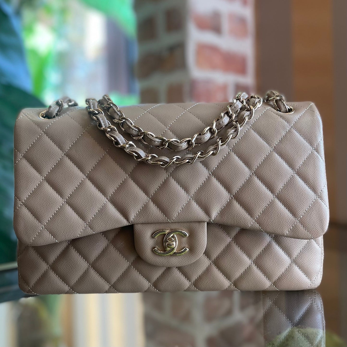 CHANEL Double Flap Jumbo Dark Beige Caviar Quilted Leather