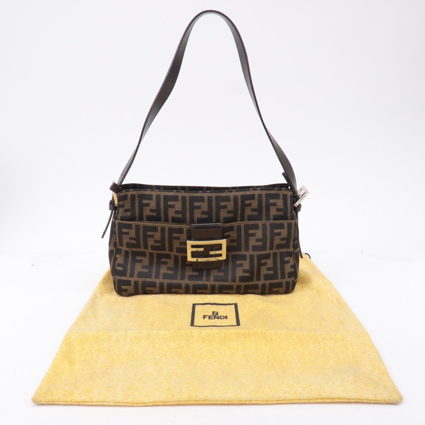 FENDI Zucca Canvas Leather Shoulder Bag Brown Black 26566