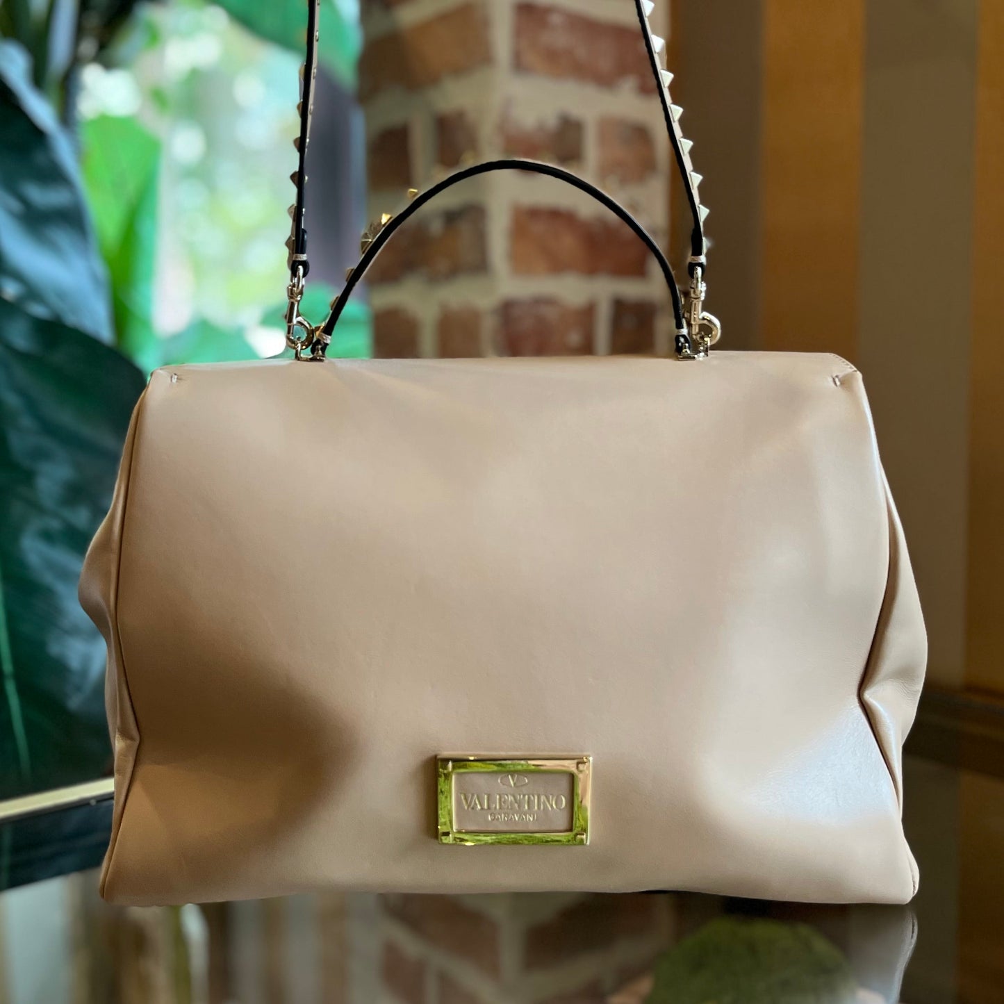 VALENTINO Rockstud Beige Leather Top Handle