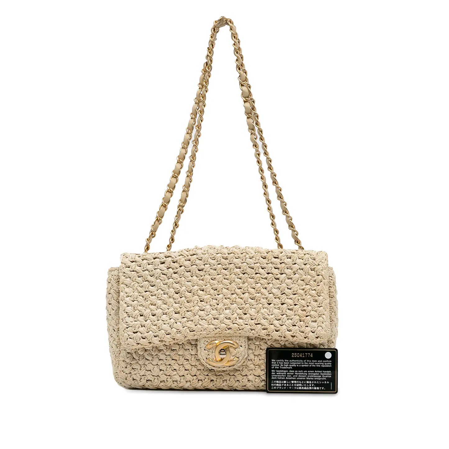 Chanel Single Flap Medium Brown Crochet Raffia Gold