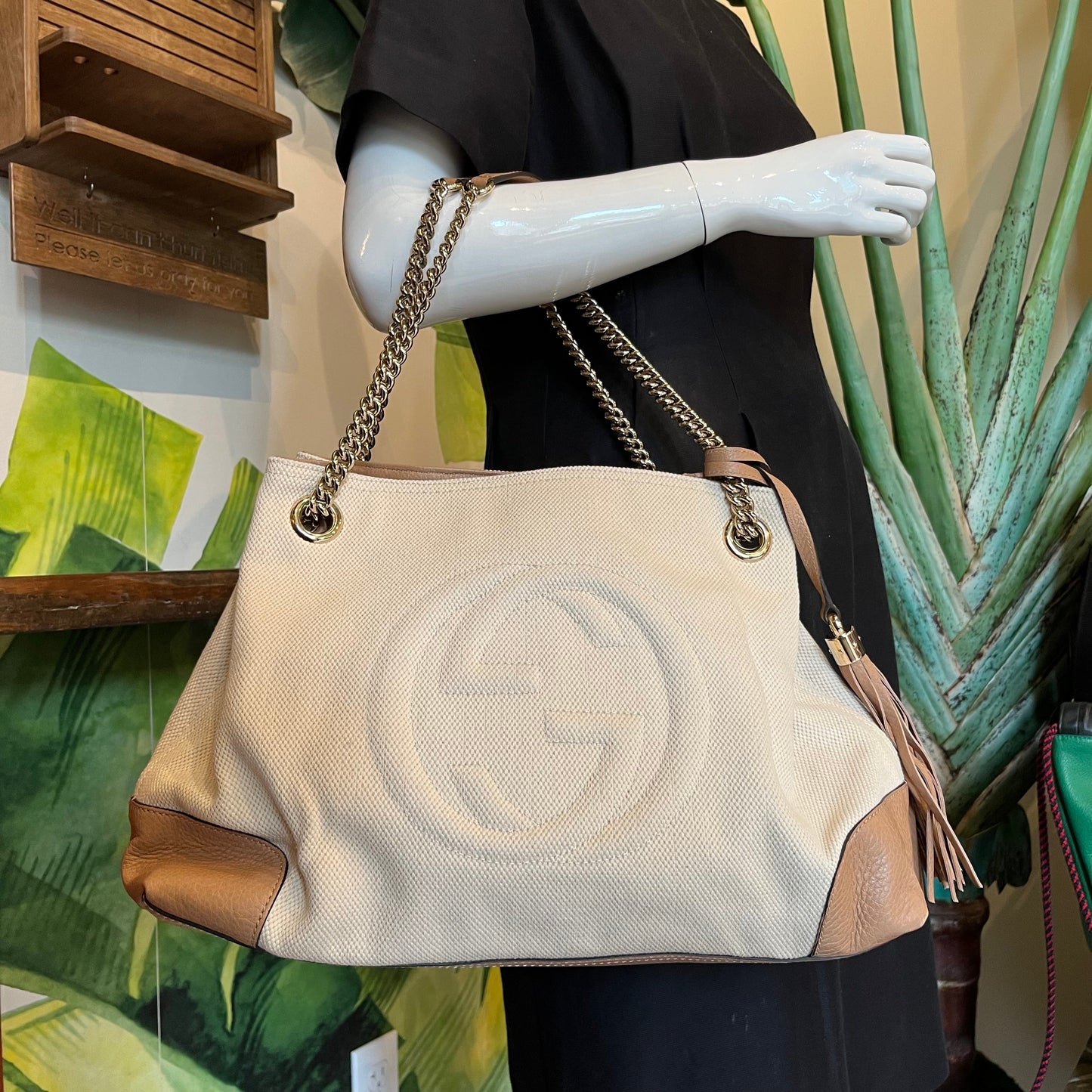 GUCCI Beige Canvas/Leather Soho Chain Tote Bag TS