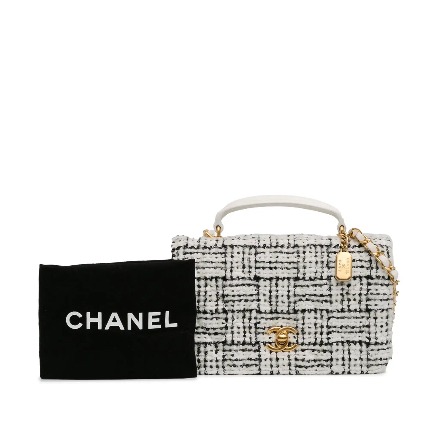 Chanel Top Handle Full Flap White CC Quilted Tweed