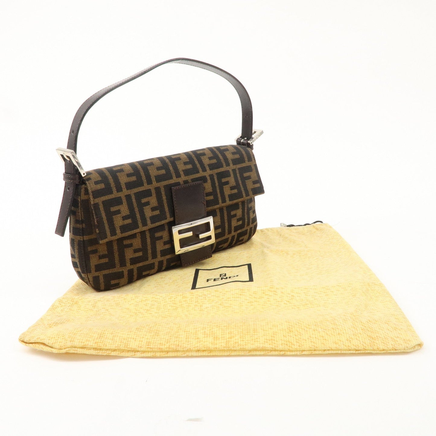 FENDI Mamma Baguette Canvas Leather Shoulder Bag Brown Black 26424