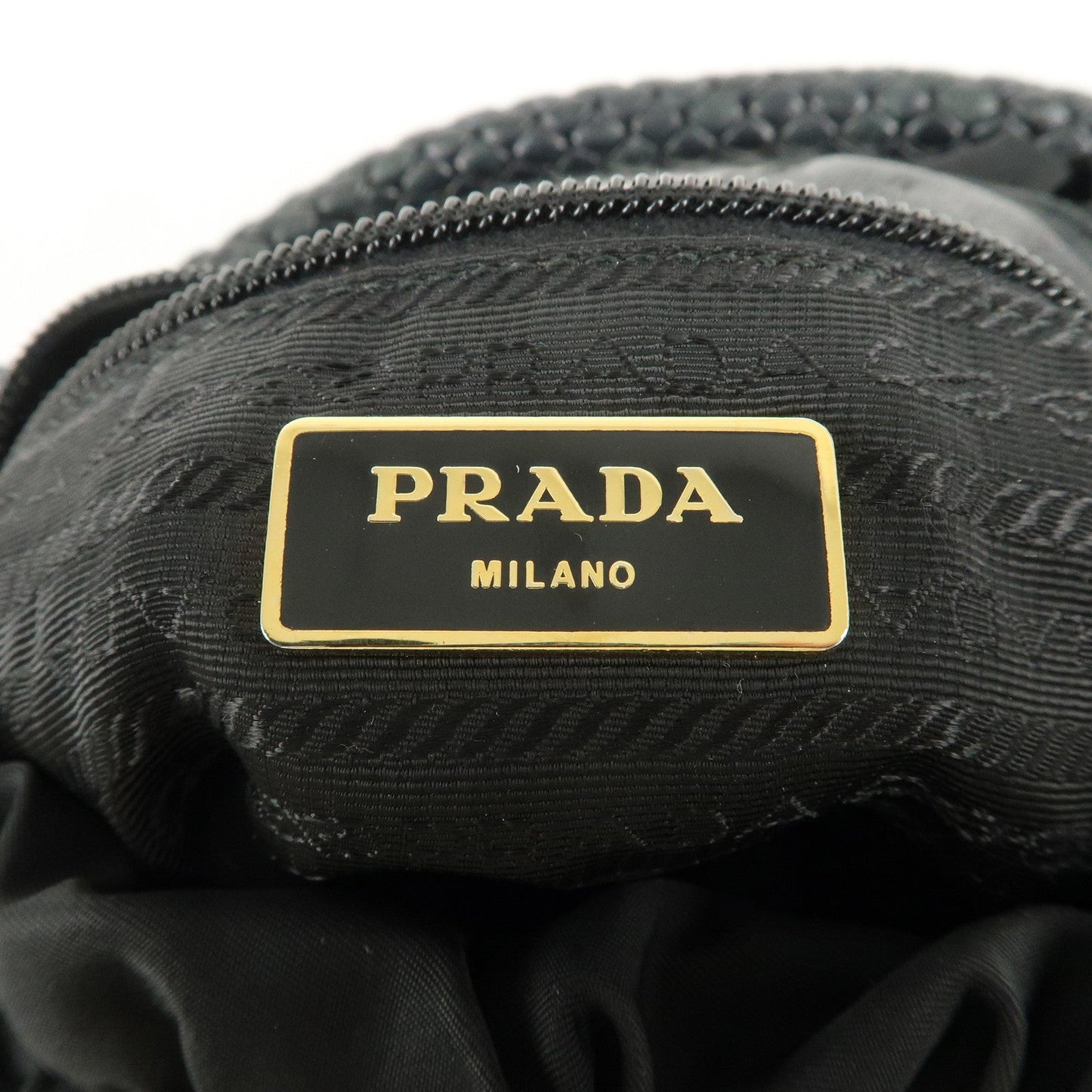 PRADA Nylon Leather Gathered One Shoulder Bag Black Gold HDW